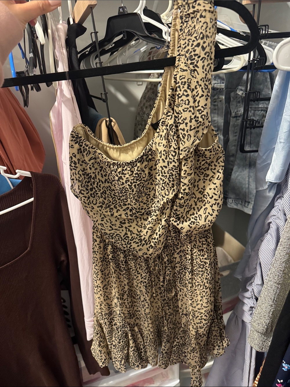 TRIXXI Leopard-Print One-Shoulder Mini Dress in Tan & Black